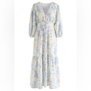 Zara Light Blue and Cream Floral Button-Front Midi Dress